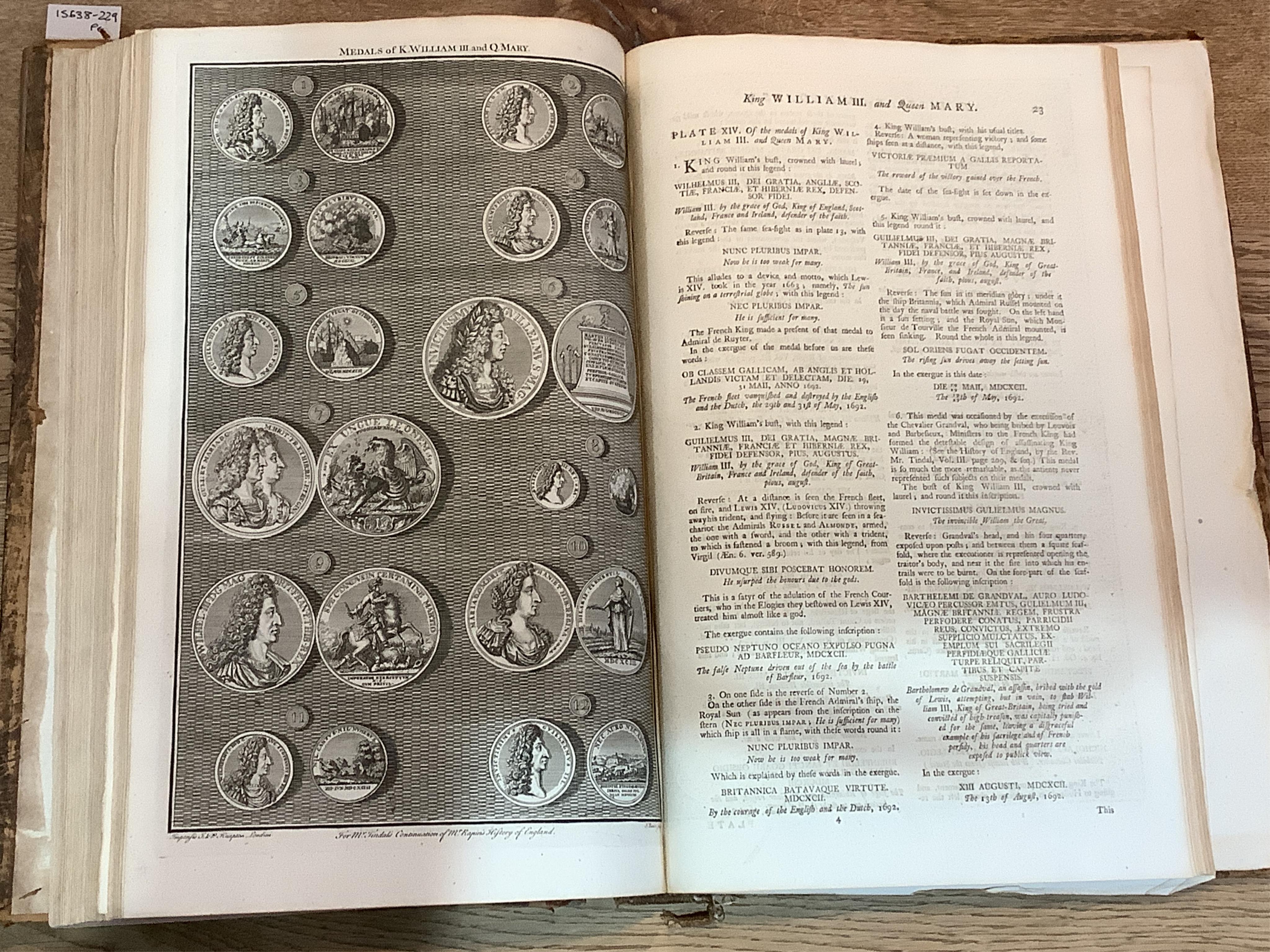 Rapin de Thoyras and Plates engraved by J S Muller for Mr Tindal's continuation of Mr Rapin's Medallic History of England, Vols III-IV Pt II in one volume 1744-47, rebound; another copy nd. incomplete but with 37 plates;